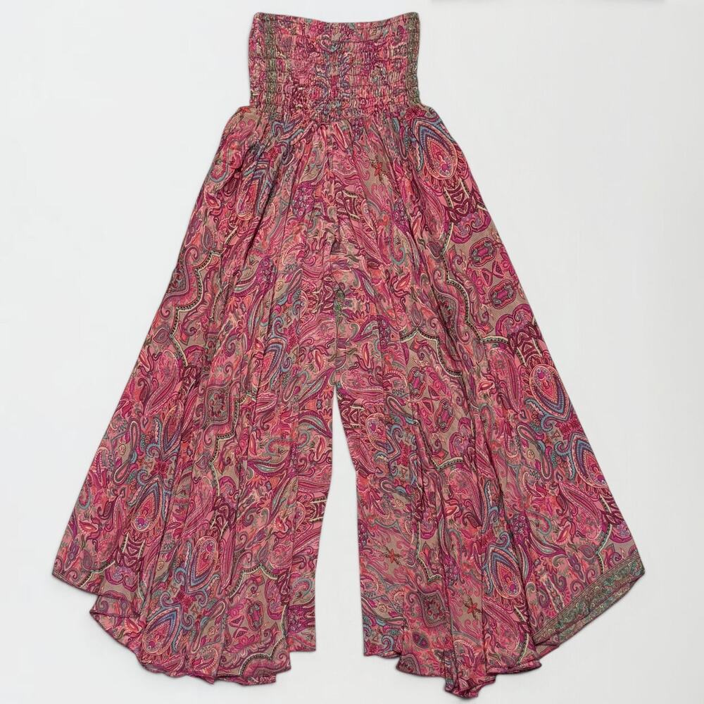 Boho Paisley Palazzo Pants Smocked Wide Leg Gaucho Culottes OS Sm-Med Fairycore - Picture 4 of 9